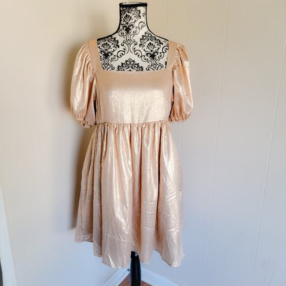 Simply Southern Elegant Metallic Gold Puff Sleeve Mini Dress Dress - Picture 1 of 4